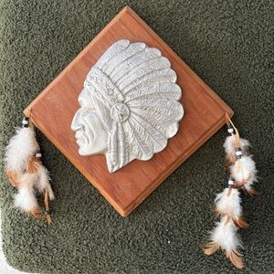 VTG Native American Indian Chief Cast Metal Wall Plaque Wood With Feathers Rare